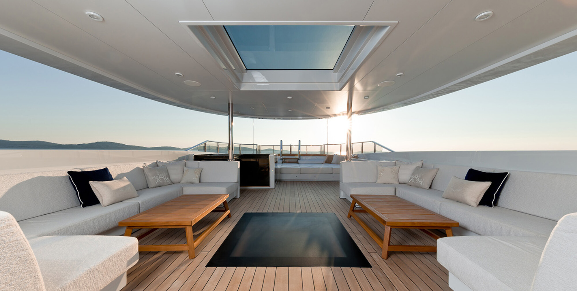 Sun deck of a private charter yacht in the Mediterranean
